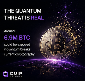 The image shows a close-up view of a gold-colored Bitcoin coin, with its details emphasized against a dark purple background filled with white lines, giving it a striking contrast. The title of the image reads "THE QUANTUM THREAT IS REAL Around 6.9m btc Could be exposed RIF Quantum breaks current cryptography". In this context, the phrase "Quantum threat" refers to the advanced security features implemented on the Bitcoin coin. This text also mentions a specific number and value related to the coin's size or potential risk exposure in terms of its magnetic properties.