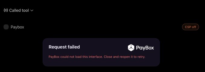 Screenshot of a Paybox interface showing 'Called tool' with an error message: 'Request failed - PayBox could not load this interface. Close and reopen it to retry.'