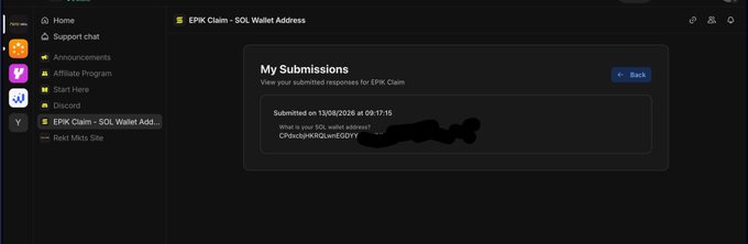 A screenshot of an "EPIK Claim - SOL Wallet Address" submission page showing a user's submitted wallet address for the EPIK airdrop, marked with the date 13/08/2026 at 09:17:15, illustrating one of the five methods mentioned for claiming the $EPIK airdrop.