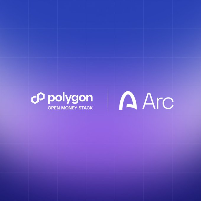 The image displays the "polygon OPEN MONEY STACK" logo alongside the "Arc" logo on a purple gradient background, visually representing the partnership announced in the post. It illustrates Arc's launch on Polygon's Open Money Stack, highlighting seamless USDC transfers across multiple chains including Polygon, Ethereum, Solana, and 20+ others.