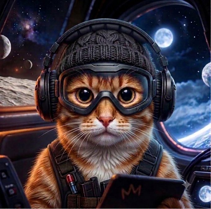 A digital illustration of an orange tabby cat dressed as an astronaut or pilot, wearing a knit beanie, goggles, and tactical gear, set against a cosmic background with planets and stars.