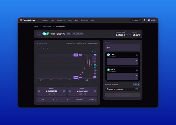 A dark-themed PancakeSwap interface displays the 'TMX / USDT' trading pair liquidity pool, showing a chart and current price metrics.
