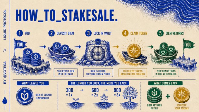 The image is a step by step guide of how to stakeale. It shows the process through six stages, each represented by different colored cards with various icons such as coins, trees or clocks. The text provided at the bottom of the image further elaborates on these steps and provides information about what happens after you put your money in.