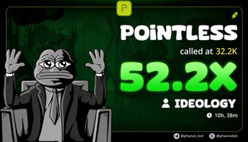 The image is a meme graphic celebrating the cryptocurrency $POINTLESS with "called at 32.2K" and a prominent "52.2X" gain shown in bright green text alongside the Pepe frog character, directly corresponding to the trader's mention of scoring a 52x return on $POINTLESS in their Robinhood Chain trading recap.
