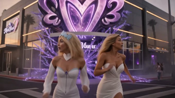 Two blonde women in white outfits run down a street past a building labeled 'Vixens' with a large purple butterfly decoration above the entrance.