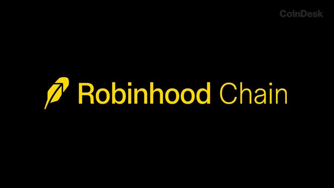 The image features the Robinhood Chain logo, a yellow feather symbol alongside the text "Robinhood Chain," set against a black background with the CoinDesk watermark in the top right corner. The logo directly references Robinhood's new Ethereum Layer 2 network, which the accompanying post notes has seen significant early activity with 193,000 daily active addresses and roughly $563 million in DEX volume driven primarily by meme coin trading.