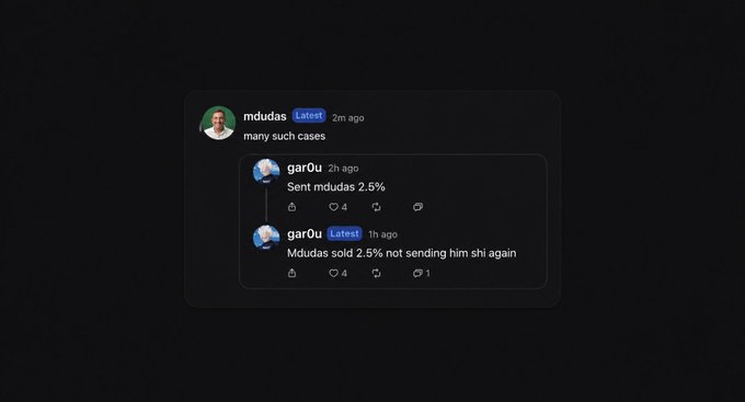 The image shows a social media comment thread where user "mdudas" says "many such cases" and user "gar0u" replies noting that mdudas was "Sent mdudas 2.5%" and adds "Mdudas sold 2.5% not sending him shi again," illustrating mdudas's pattern of selling small allocations of tokens. This relates to the post by criticizing mdudas for only supporting projects minimally and not genuinely backing tokens like $TOAD.