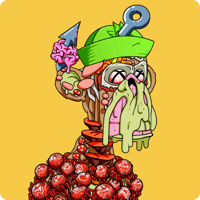A cartoon character with a melting pink tongue wears a green cap, VR goggles, and has a brain pierced by a spike, surrounded by red crabs on a yellow background.