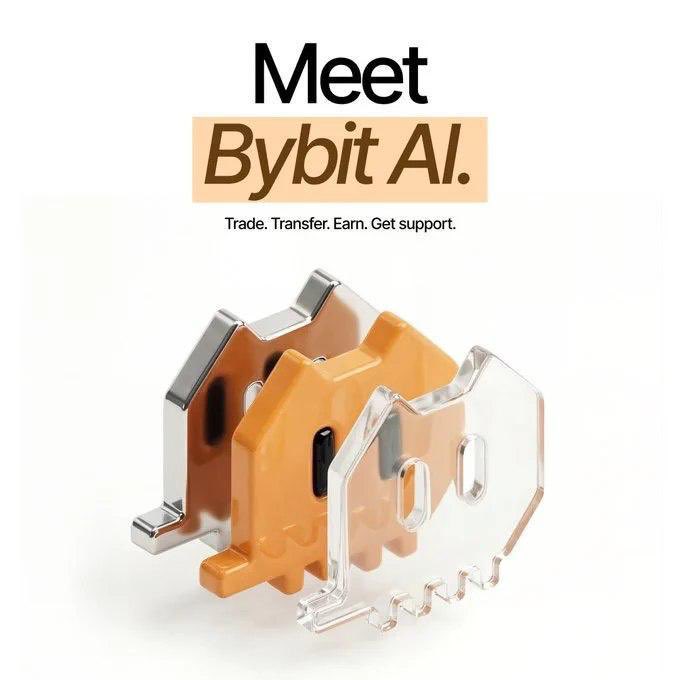 An advertisement reading 'Meet Bybit AI. Trade. Transfer. Earn. Get support.' featuring a transparent ghost-like figure overlapping a solid orange character.