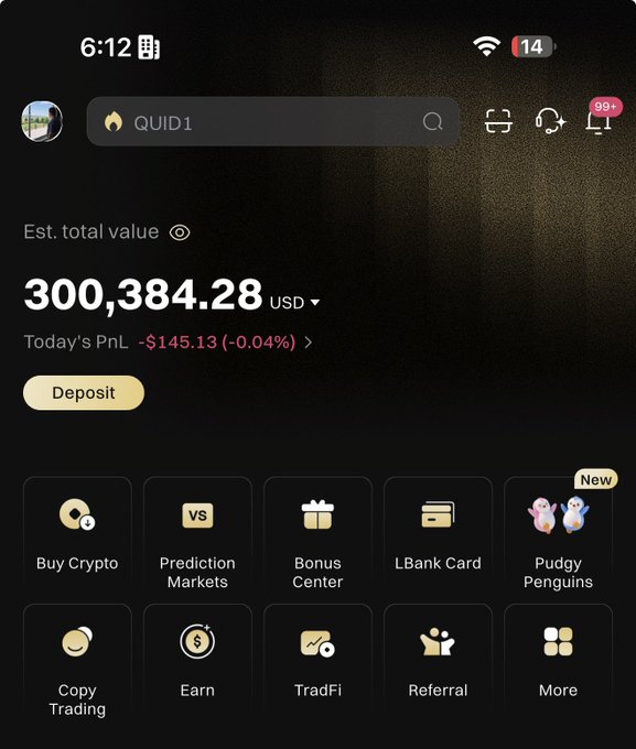 A screenshot of a cryptocurrency trading app displaying a portfolio labeled "QUID1" with an estimated total value of $300,384.28 USD, showing today's PnL of -$145.13 (-0.04%), along with various features like Buy Crypto, Prediction Markets, Bonus Center, and Earn. The image appears to showcase a trader's significant crypto holdings as social proof, likely shared to attract participants for a giveaway contest requiring followers to join a Telegram group.