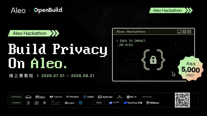 A banner for the 'Aleo Hackathon' (2026.07.01 - 2026.08.21) with the text 'Build Privacy On Aleo.' and a prize pool of 5,000 USDT, featuring various community and university logos.