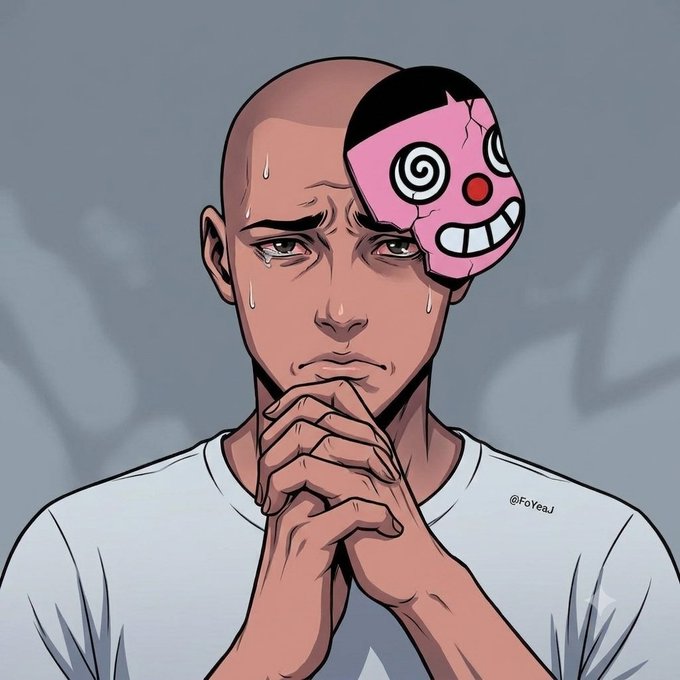 A bald man with tears streaming down his face sits with clasped hands in a moment of deep regret, while a cracked pink clown mask with spirals for eyes and a wide grin is peeled away from his head. The watermark "@FoYeaJ" appears on his shirt, symbolizing how dropping the MegaETH airdrop opportunity left him a sad clown.