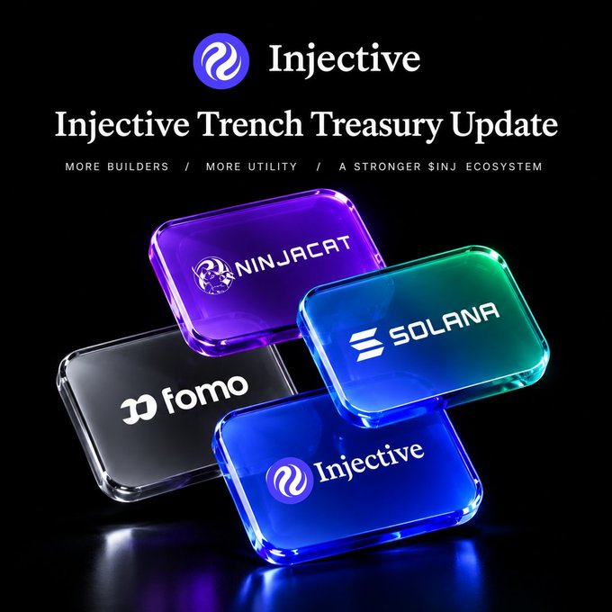 A dark promotional graphic reads “Injective Trench Treasury Update” and “MORE BUILDERS / MORE UTILITY / A STRONGER $INJ ECOSYSTEM,” above glowing tiles labeled “NINJACAT,” “SOLANA,” “fomo,” and “Injective.”