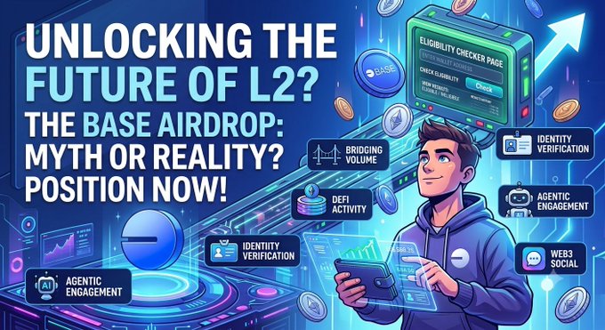 A promotional graphic titled 'UNLOCKING THE FUTURE OF L2? THE BASE AIRDROP: MYTH OR REALITY? POSITION NOW!' showing an illustrated man in a hoodie with floating elements like 'Bridging Volume', 'DeFi Activity', and 'Web3 Social'.