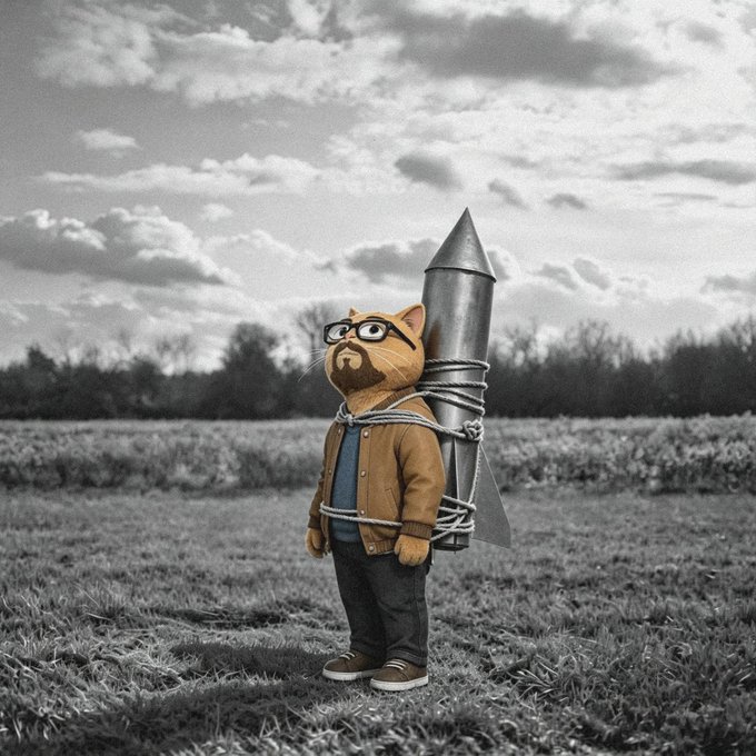 An anthropomorphic cat wearing glasses and a brown jacket stands in a grassy field carrying a large rocket strapped to its back, set against a cloudy sky in a stylized black-and-white scene.