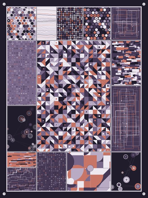 An abstract geometric artwork composed of multiple panels featuring triangles, circles, and grid patterns in orange, purple, black, and white tones.