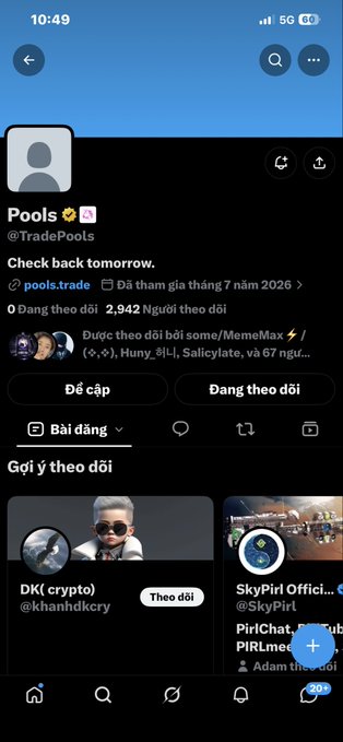 A mobile screenshot of an X (Twitter) profile page for 'Pools' (@TradePools), a Vietnam-based crypto trading account with 2,942 followers, showing its pinned post about checking back tomorrow for a meme/MemeMax token listing.