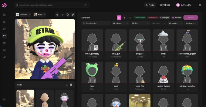 A user interface for an NFT marketplace displays a "My Stuff" section with various trait options like "tribal_gameboy," "blind_gun," "disguise," "tinfol," and "surveillance_pigeon," alongside a 3D avatar preview wearing a yellow "RETARD" cap and holding a pink rifle. The interface includes tabs for "All editions," "1 equipped," "2 removed," and a prominent pink "Preview" button, illustrating the post's tip about using the preview feature to test NFT trait combinations before finalizing.