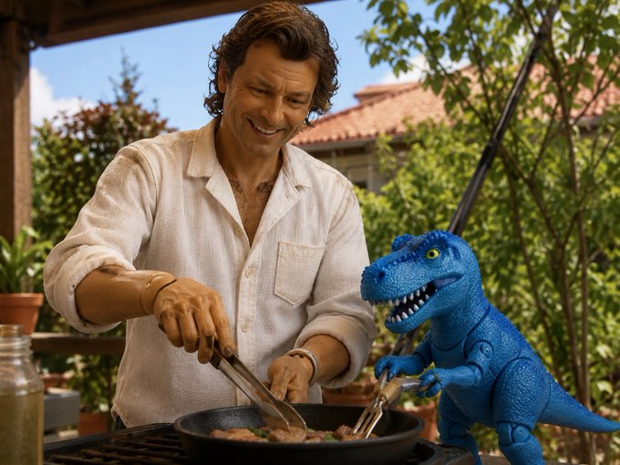 A man smiles as he grills food outdoors, while a blue toy T-Rex beside him holds a spatula, appearing to assist with the cooking.