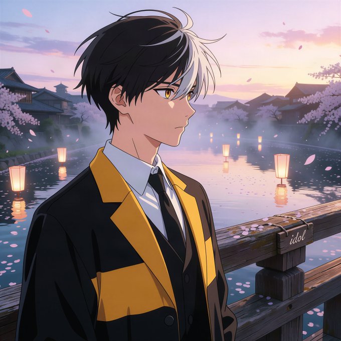 An anime-style illustration of a young man with black and white hair wearing a black and yellow jacket, standing by water with floating lanterns and cherry blossoms, with a sign reading 'idol'.