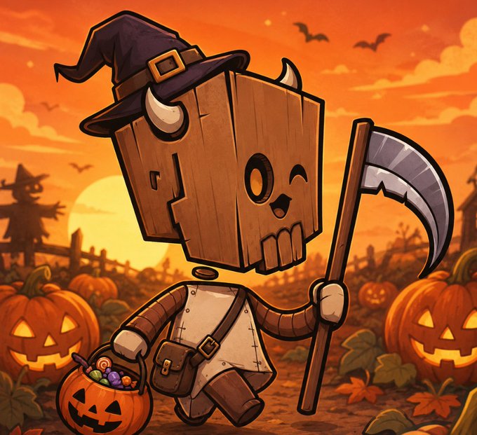 The image features a cartoon character, likely a robot or a doll, dressed as a witch with a hat and holding a pumpkin bucket. The character appears to be walking through an autumn setting, possibly a pumpkin patch. There are also several other pumpkins scattered throughout the scene, adding to the festive atmosphere. The post about Morky is related to this image because it contains text that references the cartoon character or robot as "Morky".