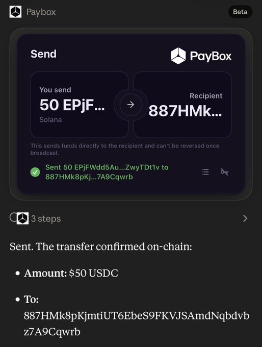 A Paybox app screenshot showing a completed transfer of $50 USDC from 50 EPjFwdd5Au...ZwyTDt1v (Solana) to 887HMk8pKjmtiUT6EbeS9FKVJSAmdNqbdvbz7A9Cqwrb, confirming the on-chain payment that demonstrates how the user is using PayBox to send funds.