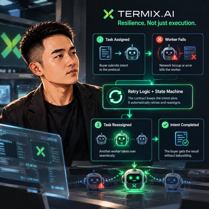A promotional graphic for TERMIX.AI featuring the tagline 'Resilience. Not just execution.' with a diagram showing a four-step process: 1) Task Assigned (Buyer submits intent to the protocol), 2) Worker Fails (Network hiccup or error kills the worker), Retry Logic + State Machine (The contract keeps the intent alive), 3) Task Reassigned (Another worker takes over seamlessly), and Intent Completed (The buyer gets the result without babysitting).