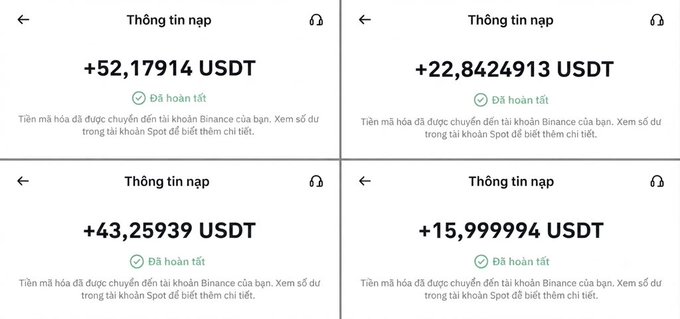 Four Binance 'Thông tin nạp' (deposit information) screenshots in Vietnamese showing completed USDT deposits: +52.17914 USDT, +22.8424913 USDT, +43.25939 USDT, and +15.99994 USDT.