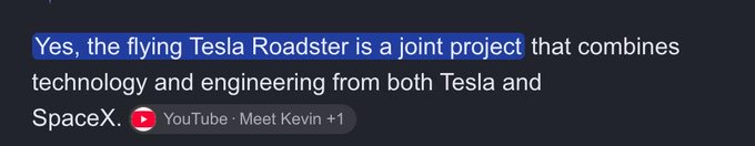 A text snippet reads: 'Yes, the flying Tesla Roadster is a joint project that combines technology and engineering from both Tesla and SpaceX.' with a YouTube source listed as 'Meet Kevin +1'.