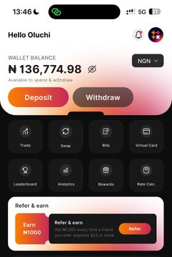 The image shows a QuickChain app dashboard greeting "Hello Oluchi" with a wallet balance of ₦136,774.98 NGN, featuring Deposit and Withdraw buttons alongside menu options like Trade, Swap, Bills, and Virtual Card. This supports the post celebrating successful crypto trading and referral earnings of N5000, with the app's Refer & Earn section offering N1000 per referral to encourage others to join using the code kld4aiZtSA.