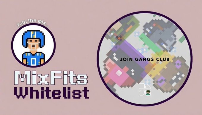 A promotional graphic for "MixFits Whitelist" and "Join Gangs Club," featuring pixel art avatars and colorful pixel art characters.