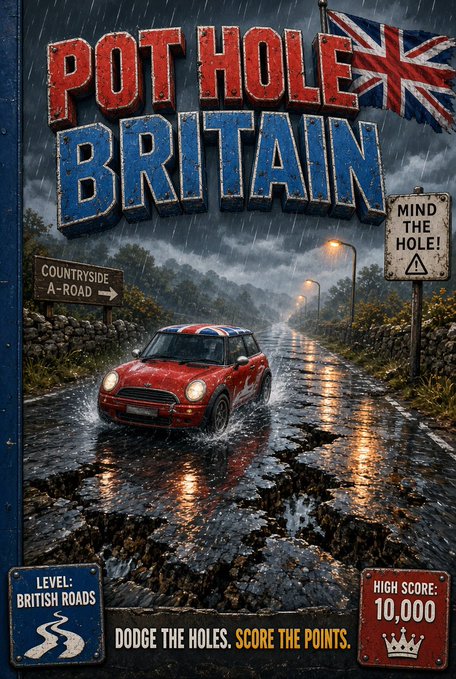 A stylized poster titled 'POT HOLE BRITAIN' featuring a Union Jack flag, a red Mini Cooper driving on a rainy, pothole-filled road, road signs reading 'MIND THE HOLE!' and 'COUNTRYSIDE A-ROAD', and text stating 'LEVEL: BRITISH ROADS', 'DODGE THE HOLES. SCORE THE POINTS.', and 'HIGH SCORE: 10,000'.