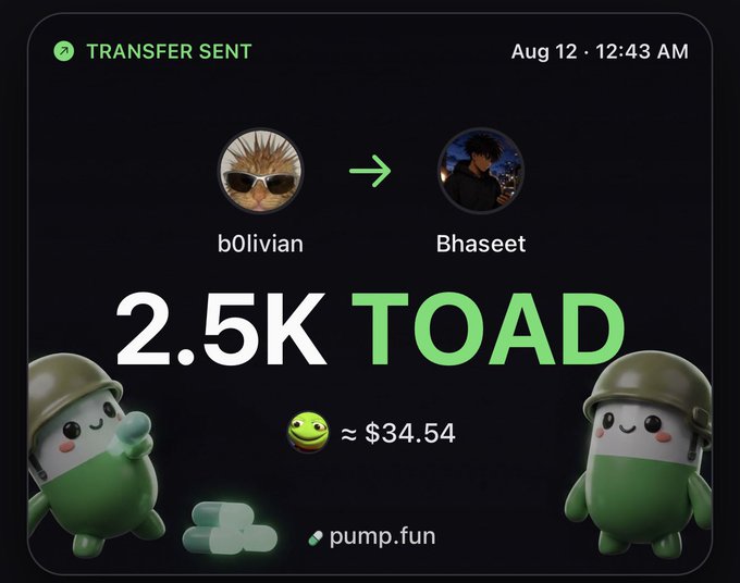 A transfer notification showing 2.5K TOAD tokens (≈$34.54) sent from user "b0liv" to "Bhase" via pump.fun, accompanied by cheerful frog mascot illustrations. This matches the celebratory post congratulating a long-time supporter with a token gift.