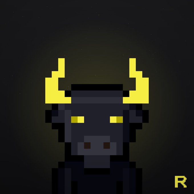 A pixel art character resembling a dark, shadowy figure with glowing yellow horns and eyes, set against a dark background with a yellow 'R' in the corner.