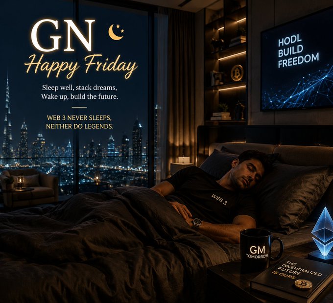 An advertisement reading 'GN Happy Friday' shows a person sleeping in a modern, dimly lit bedroom with a city skyline view, featuring crypto-themed text like 'HODL BUILD FREEDOM' and 'WEB 3 NEVER SLEEPS'.