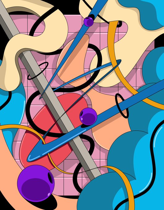 A colorful abstract digital artwork featuring intersecting blue and gray lines, purple spheres, flowing organic shapes in blue, red, and yellow, set against a pink grid background.