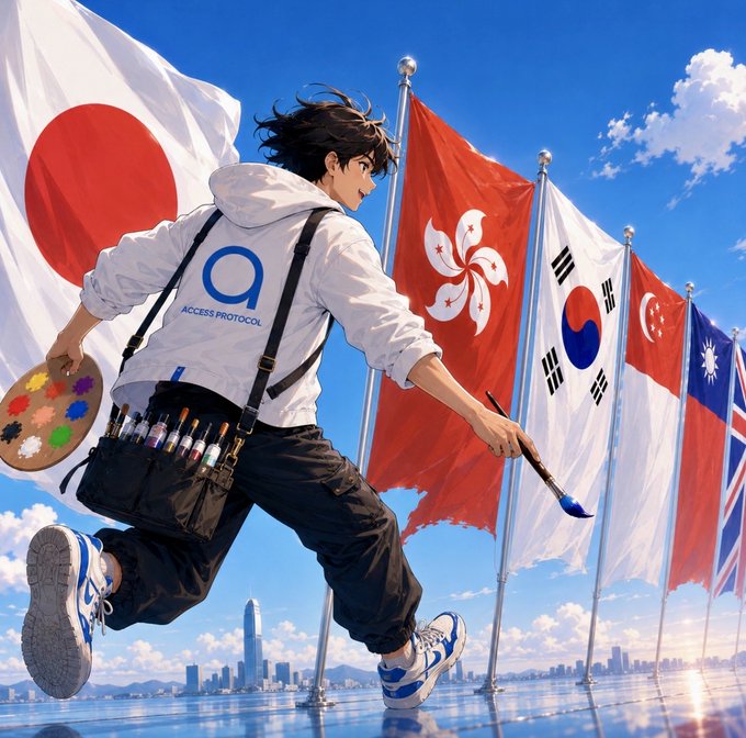 A figure wearing an "Access Protocol" hoodie and holding an artist's palette and brush runs past flags of Japan, Hong Kong, South Korea, Singapore, and Taiwan, symbolizing global expansion.