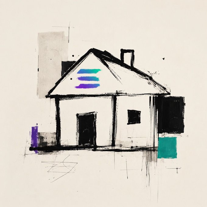 An abstract minimalist painting of a house rendered in black brushstrokes on a cream background, accented with a purple-blue logo and blocks of gray, purple, and teal color.