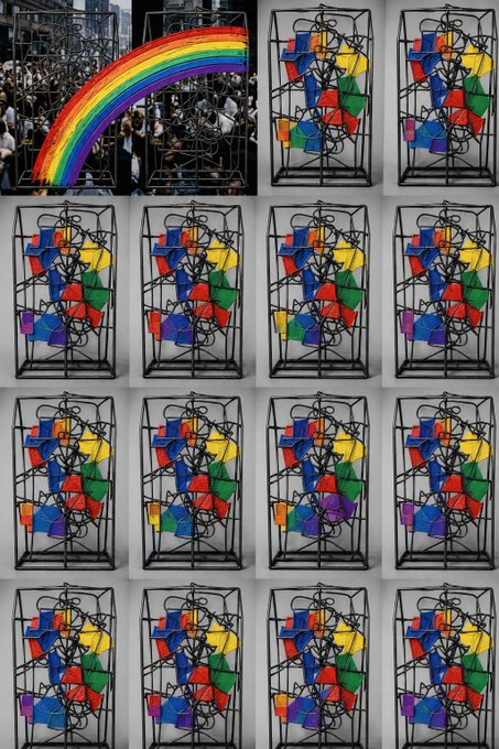 A surreal collage features a rainbow emerging from a crowd of people in the top-left corner, alongside multiple identical images of a black metal cage containing a tangle of colorful geometric shapes.