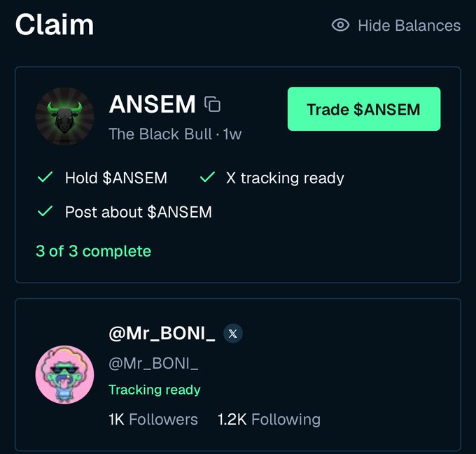 A "Claim" page on BullpenFi shows user @Mr_BONI_ has completed all 3 requirements (Hold $ANSEM, Post about $ANSEM, and X tracking ready) for "ANSEM - The Black Bull," with 1K followers and 1.2K following, though the tweet in the post was cut off before the $1.5 amount could be revealed.