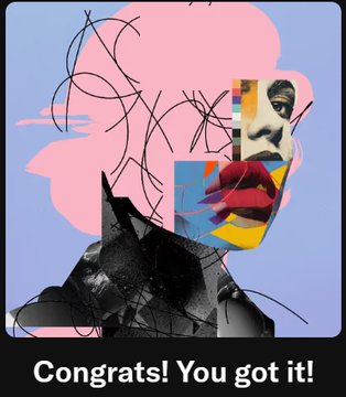 An abstract digital collage portrait with bold splashes of pink, red, and yellow against a light blue background, featuring fragmented facial elements and scribbled lines, with the caption "Congrats! You got it!" displayed below. The artwork visually echoes the post's excitement about collecting R3ORDR NFTs, where owning more pieces brings a sense of calm and joy.