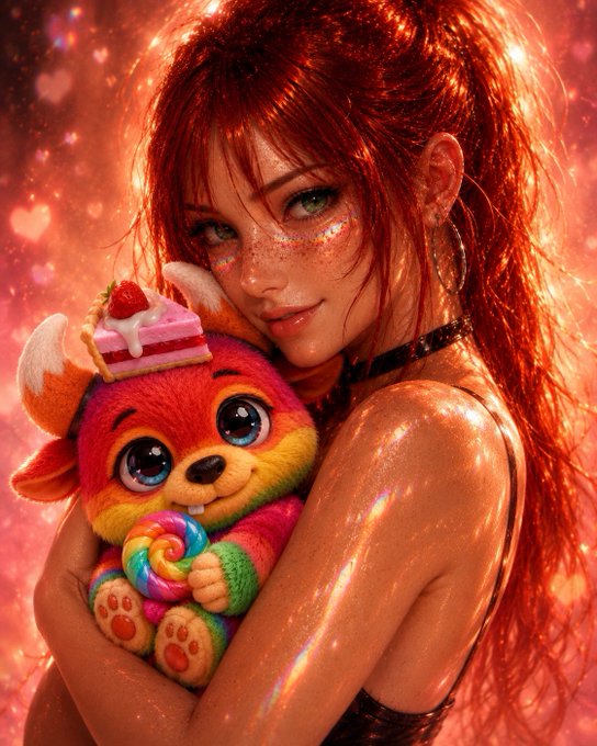A digitally rendered illustration of a red-haired girl with green eyes holding a colorful cartoon plush toy with a strawberry-themed hat against a sparkling pink background.