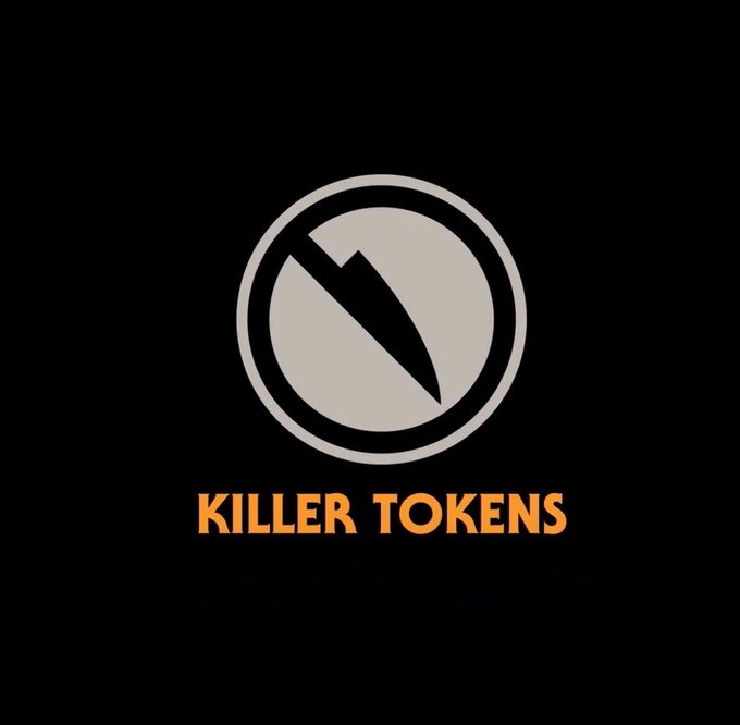 A logo on a black background featuring a stylized knife/letter design inside a circle with the text 'KILLER TOKENS' in orange.