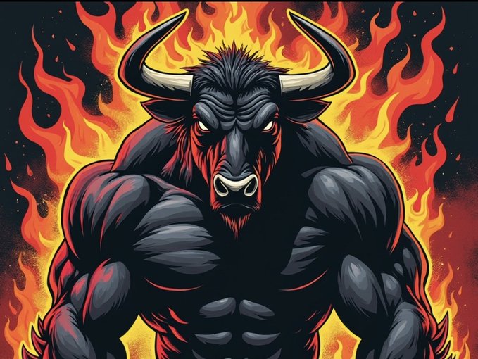 A stylized illustration depicts a muscular black bull with large horns surrounded by vibrant orange and red flames, conveying an intense, powerful atmosphere.