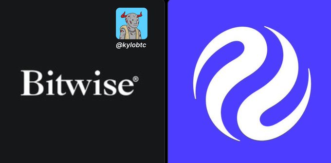 A side-by-side graphic showing the 'Bitwise' logo in white on a black background (left) and the Injective (INJ) logo on a blue background (right), with a profile picture for '@kylobtc' at the top.