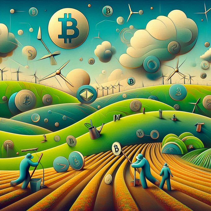 The image depicts a group of people working in a field, surrounded by various objects such as windmills, coins, and other farm equipment. The scene takes place outdoors with a blue sky overhead. The artist has used a unique style that combines elements from different art forms like painting, illustration, and digital art to create an interesting visual experience.

The post features several Bitcoin symbols scattered throughout the image, suggesting a connection between the agricultural theme and the world of cryptocurrency. The text in the image reads "gm farmers Fed meets tomorrow. PPI at ?" which could be interpreted as a question about the relationship between farming and Bitcoin. Additionally, there is a reference to "one of those" mornings, implying that the situation might not be ideal but still manageable for the people working in the field.