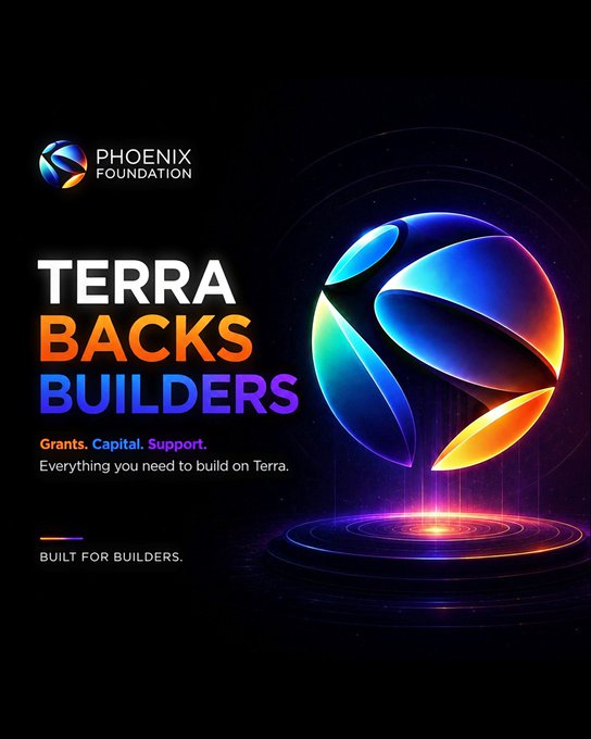 The image features a poster for Terra Backs Builders, which is an organization that funds teams working on various projects related to cryptocurrency, artificial intelligence, RWA (reinforcement learning), social networking, and more. The poster includes a large blue ball with orange and purple lights inside it, symbolizing the innovative nature of the projects being supported by Terra Backs Builders. The text on the poster highlights that the organization is actively funding these projects across different industries, not just through grants but also by providing support for building actual ecosystems.