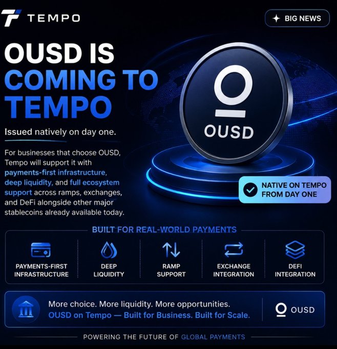 A promotional graphic for Tempo cryptocurrency announcing 'OUSD IS COMING TO TEMPO', featuring the OUSD coin logo and listing features like 'PAYMENTS-FIRST INFRASTRUCTURE', 'DEEP LIQUIDITY', 'RAMP SUPPORT', 'EXCHANGE INTEGRATION', and 'DEFI INTEGRATION'.