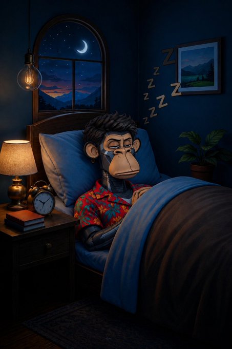 A digital illustration depicts a Bored Ape-style NFT character sleeping in bed under a blue blanket, with "Zzz" floating above its head in a dimly lit room.