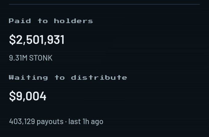 A dark dashboard screen shows payout statistics: '$2,501,931' paid to holders (9.31M STONK), with '$9,004' waiting to distribute across 403,129 payouts from the last hour.